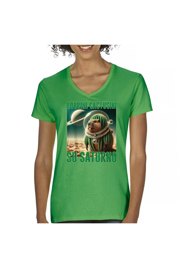 Bobrini Cactusini Su Saturno Women's V-Neck T-shirt Italian Brainrot Gen Z Meme