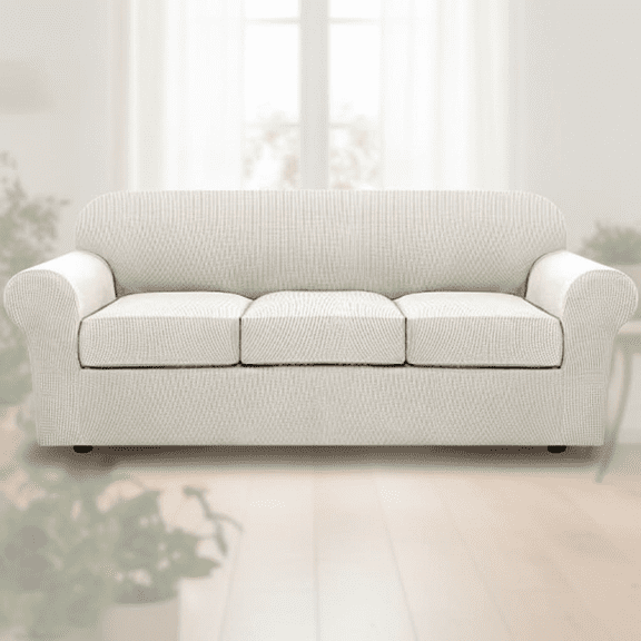 4-Piece Stretch Couch Cover Set for 3-Cushion Sofas, Upgraded Thick Jacquard Fabric Slipcover, Furniture Protector in Ivory Color
