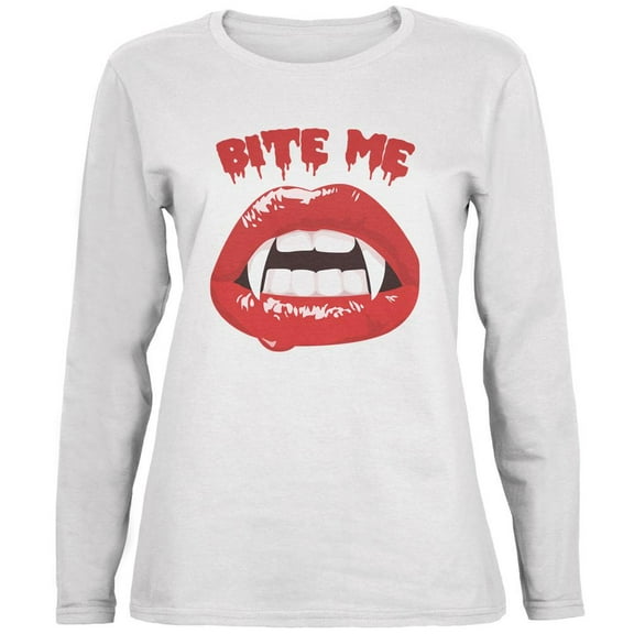 Halloween Vampire Bite Me White Womens Long Sleeve T-Shirt - Medium