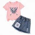 thumbnail image 4 of TOWED22 Girl's Summer 2 Piece Outfits Cute Short Sleeve Bow Print Short Sleeve Tee A Line Denim Skirt Sets(B,3-4 Y), 4 of 4