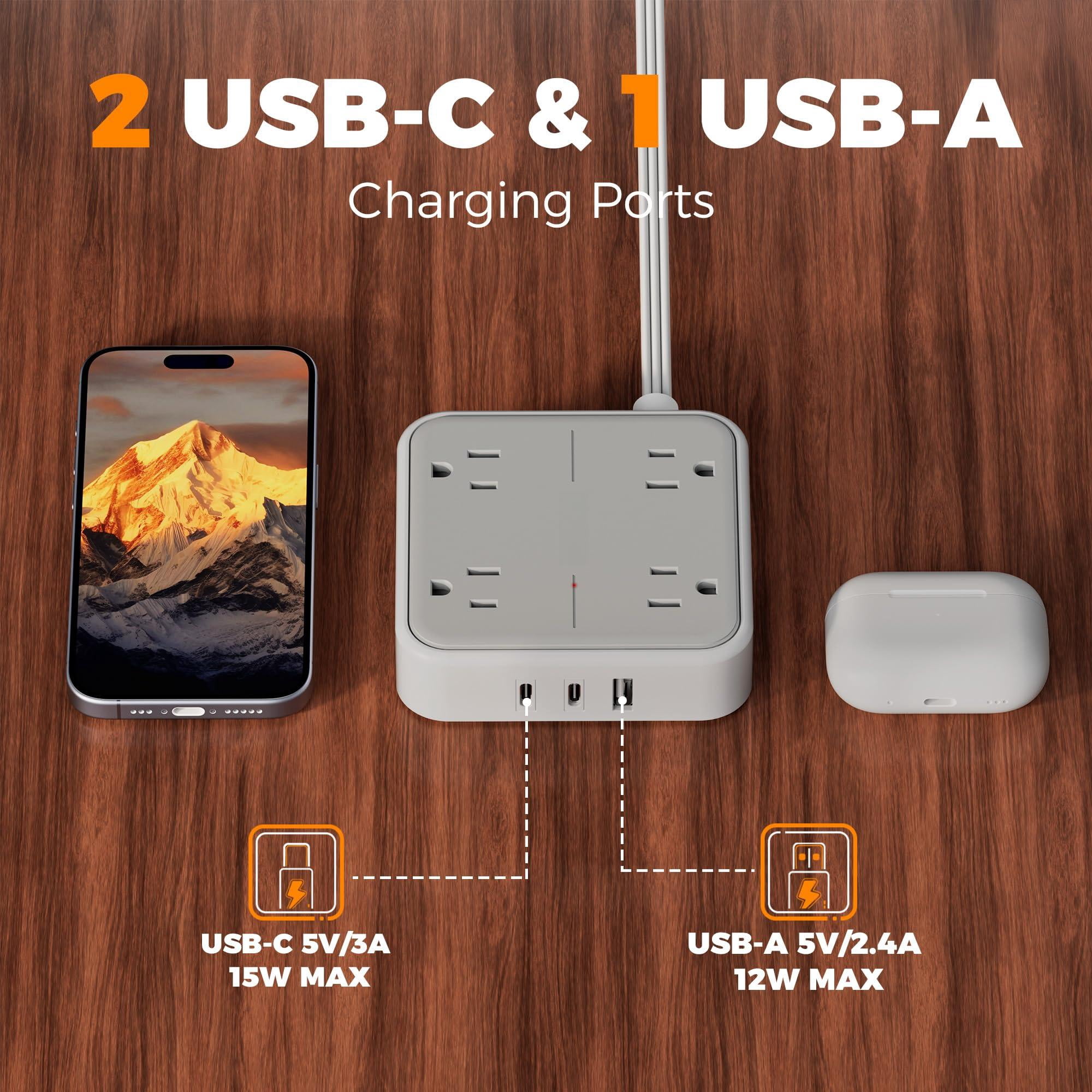 Surge Protector Flat Extension Cord 5ft  Plug Power Strip With 4 Outlets 3 Usb Ports (2 C) 900 Joules Protection Multiple Wall Outlet Extender Suitable For Home Office Dorm Grey