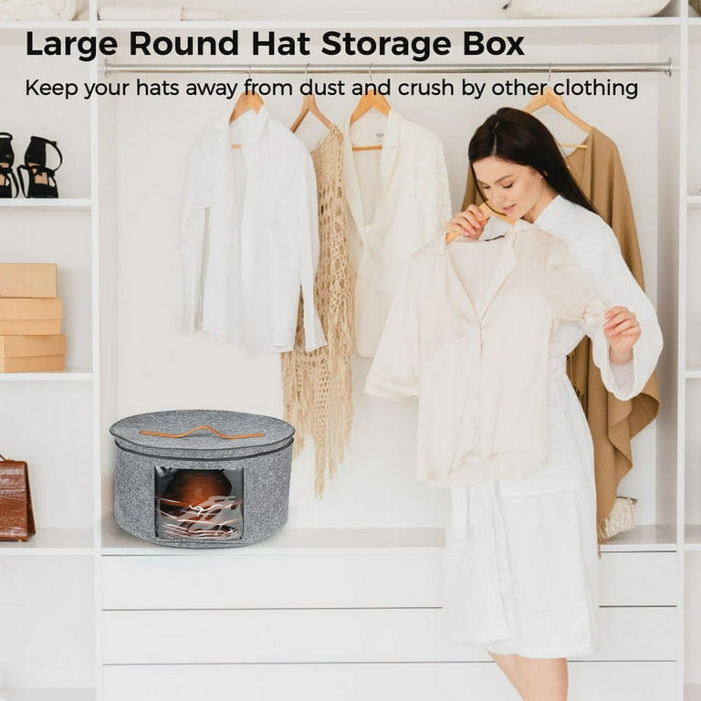 Relax love Hat Box Organizer 17x17x10in Large Capacity Gray Felt Hat  Storage Container Round Foldable Double Opening Zipper Dust-Proof with  Visible