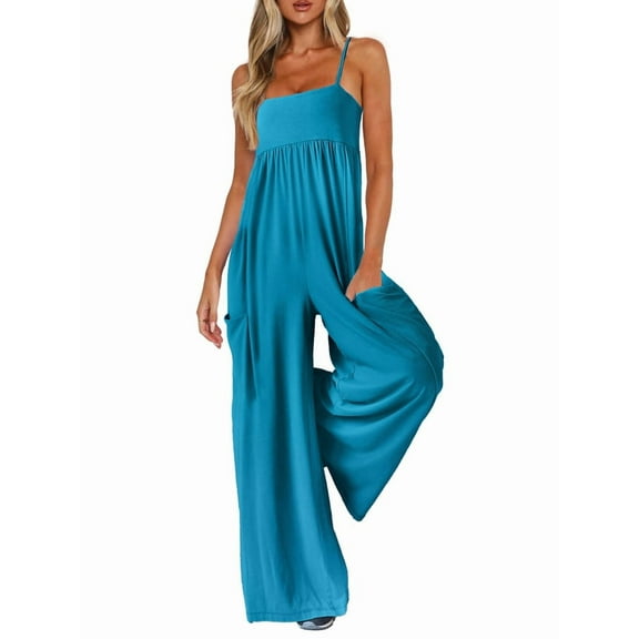 Jumpsuits for Women Spaghetti Strap Wide Leg One Piece Overalls Summer Rompers with Pockets Beach Vacation Casual Blue S