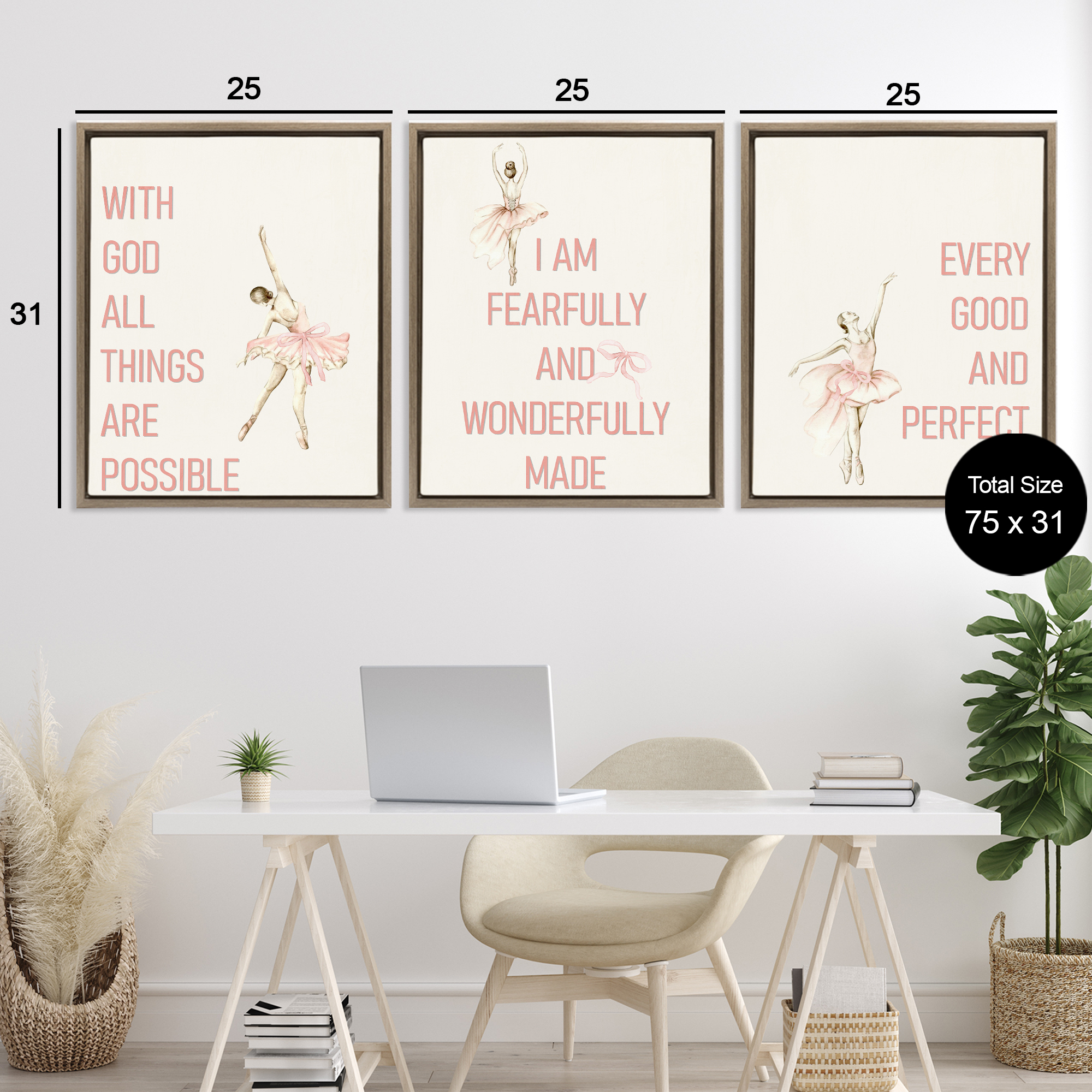 Faith Sentiments with Ballerinas 3 Piece Brown Framed Floater Canvas Set, design by Kim Allen