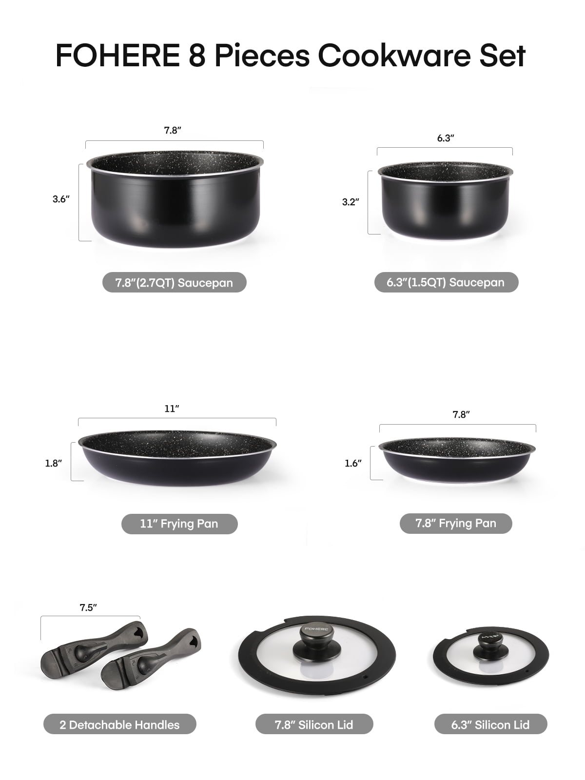 Fohere 8-Piece Pots and Pans Set Non Stick with Removable Handle, Aluminum Kitchen Cookware Set, Black