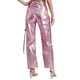 thumbnail image 4 of Pantalones Cargo metálicos brillantes para mujer, Pantalones rectos con bolsillos grandes y recortes de cintura alta, pantalones elegantes, traje de baile de Jazz Rave Club, 4 of 5