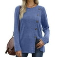 thumbnail image 3 of Women's Solid Color Autumn/winter Button Open Knit Cedar Round Collar Strip Top Long Sleeve T Shirt T Shirts Short Sleeve under 10 Short Women Long Sleeve Polyester Shirt Women Short Sleeve Tops for, 3 of 5