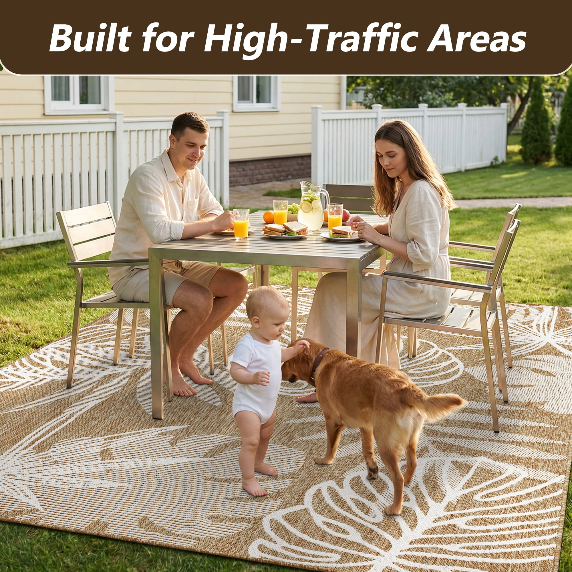 SIXHOME Outdoor Rugs 9'x12' Patio Rug Tropical Indoor Outdoor Rugs Polypropylene Washable Non Shedding, Easy Clean, Waterproof, Durable Outdoor Carpet for Porch Balcony Deck Neutral Brown