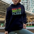thumbnail image 2 of Make the World a Kinder Place, Quote on Kindness, Groovy Retro Wavy Text Merch Gift, Navy Blue Hooded Sweatshirt or Hoodie, Medium, 2 of 5