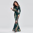thumbnail image 1 of Vestido de noche elegante de primavera y otoño elástico de talla grande con cintura alta, manga larga, cuello redondo, sin espalda y con lentejuelas y cola de pez para mujer, 1 of 6