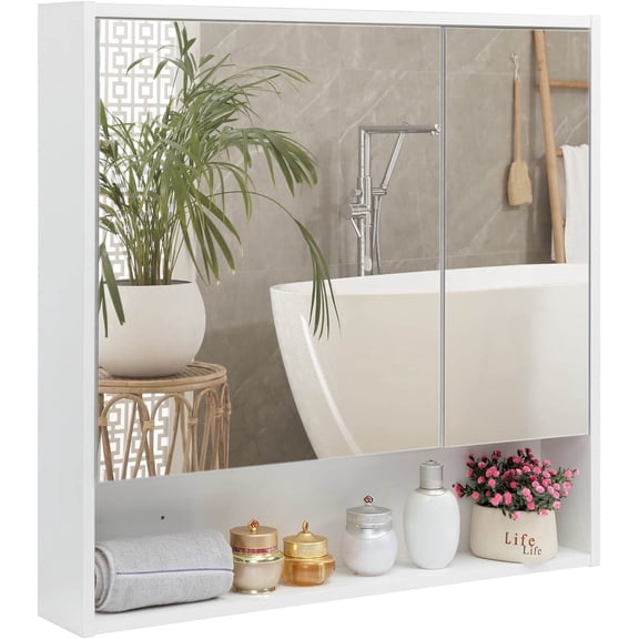 Medicine Cabinet with Mirror and Shelves, Bathroom Wood Wall Cabinet Over The Toilet, Vanity, Recessed or Surface Mount, 30.07 Inch x 30 Inch, White