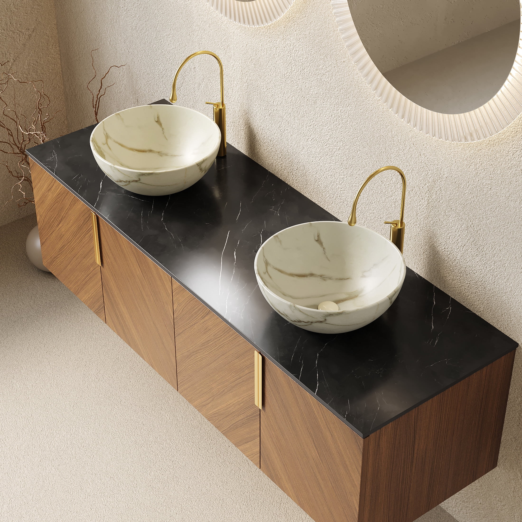 Noble House ARAI 60" Floating Double Bathroom Vanity, Sintered Stone Top Cabinet with Dual White Bowl Sink, Oak