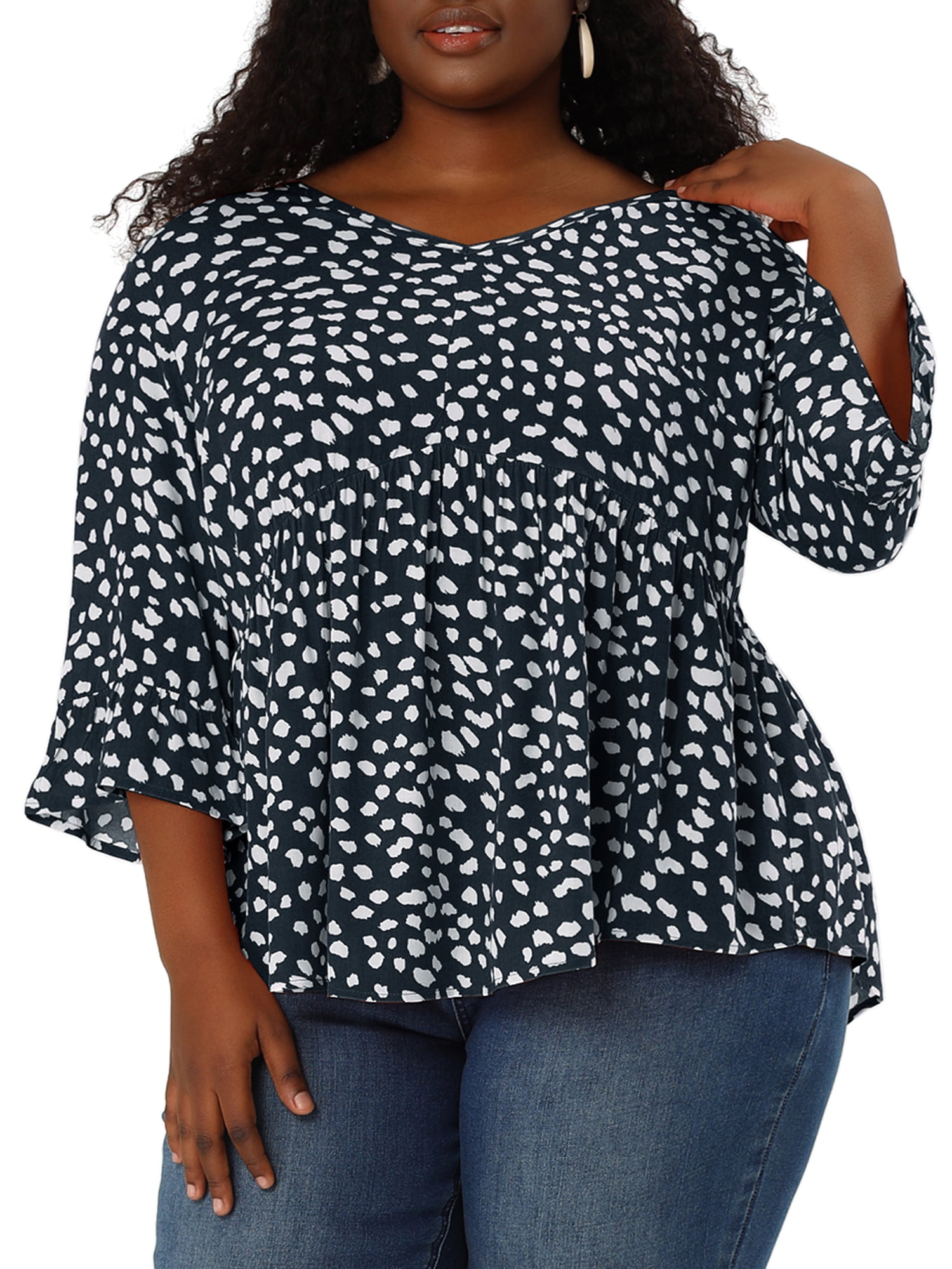 Unique Bargains Juniors' Plus Size Ruffle Sleeve Blouse V Neck 3/4 Polka Dots Peplum Top 4X Navy Blue