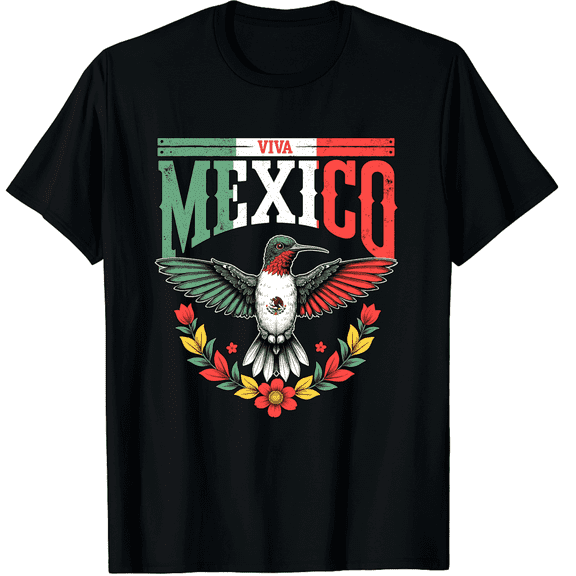 Viva Mexico Hummingbird Graphic Tee Retro Mexican Pride Patriotic Floral Unisex Adult T-Shirt