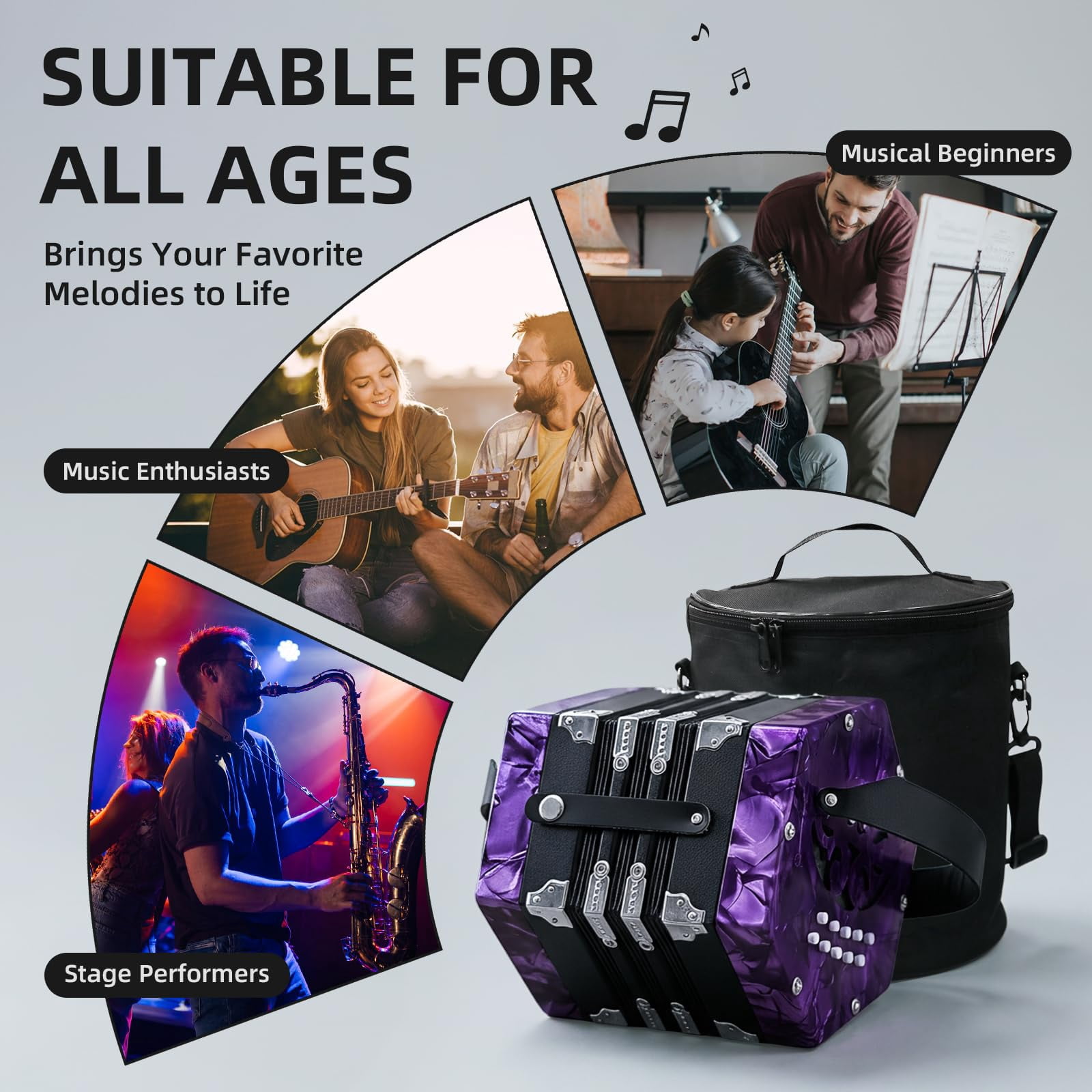 Rowadtim 20-Key Red Concertina Accordion for Adults, Professional Beginner Instrument with Adjustable Hand Straps and Full Accessories