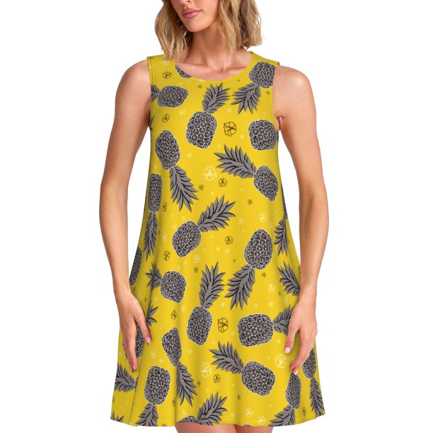 Fotbe Summer Pineapple Vestido de Verano sin Mangas para Mujer – Vestido Midi Línea A, Estilo Camiseta Floral, Vestido Playero Casual y Fluido