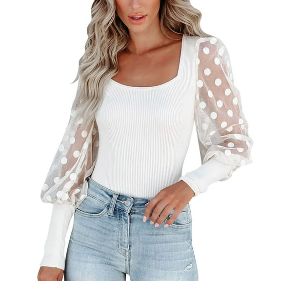 Arlun,Elegant Lace Splicing Long Sleeve Shirts for Women Trendy Plain Dotst Printed Sheer Puff Sleeve Fall Thin Tshirts Women's Elastic Slim Fit Soft Comfy Tops White XL