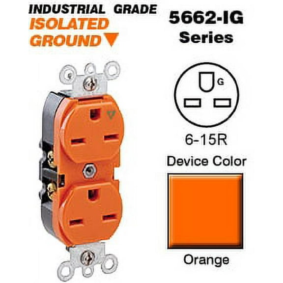 Leviton 5662-IG Duplex Receptacle Isolated Ground Industrial Grade 6-15R 15A 250V BandS Wired - Orange