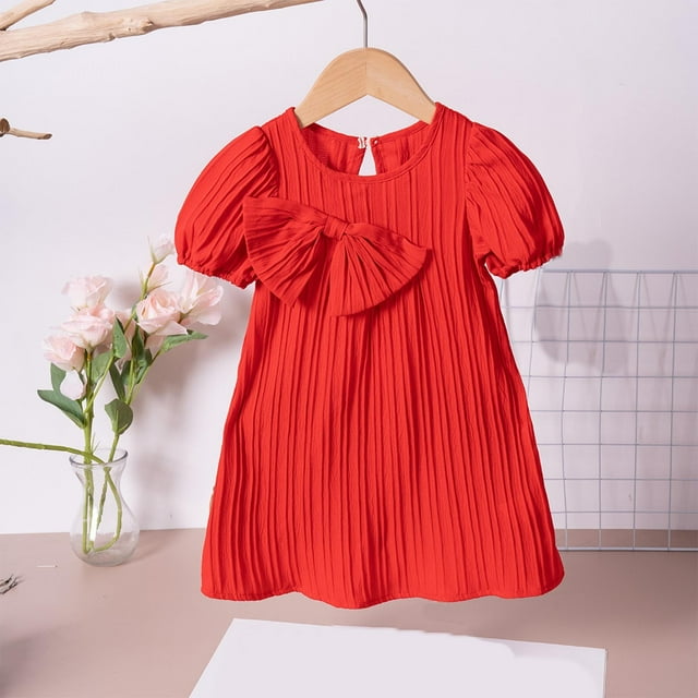 Solid Red Key Card Zpanxa Dresses for Little Girls Solid Color Short Sleeve Round Neck Bow ...