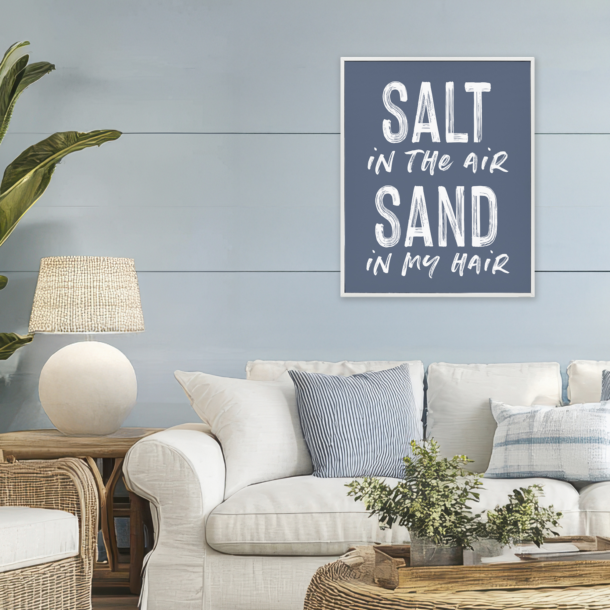 Summer Sentiment Salt Sand In Hair White Framed Giclee Art, design by Lettered and Lined