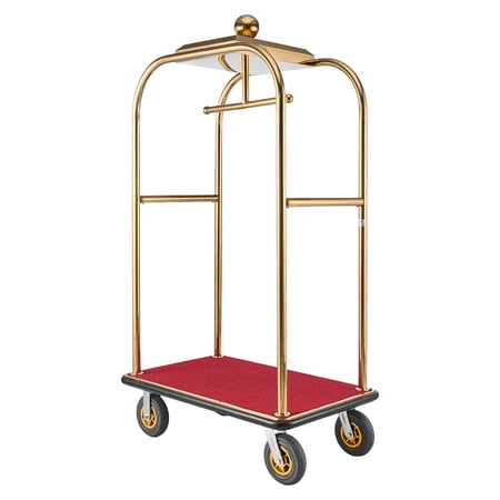 KFFKFF Hotel Luggage Cart, 1200 lbs Capacity Bellman Trolley with Durable Stainless Steel Frame, 8-inch Rubber Wheels, Red Carpeted Platform, Commercial Rolling Carrier for Hospitality and Resorts