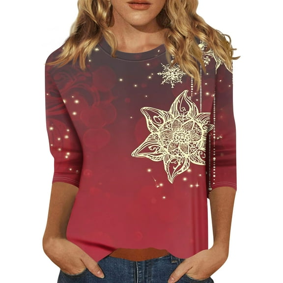 HaHaHappy Shirts Christmas Women Plus Size Vintage 3/4 Sleeve T-Shirts Christmas Snowflake Print Ugly Tunic Tops Crew Neck Funny Three Quarter Length Pullover Casual Blouses Deep Red XL