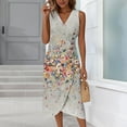 thumbnail image 2 of WTOBBY Women's Spring Summer Elegant Wrap V-Neck Floral Boho Beach Dress Flowy Ruched Hawaiian Maxi Dress with Lightweight Material for Vacation and Resort Wear,Khaki 2XL, 2 of 5