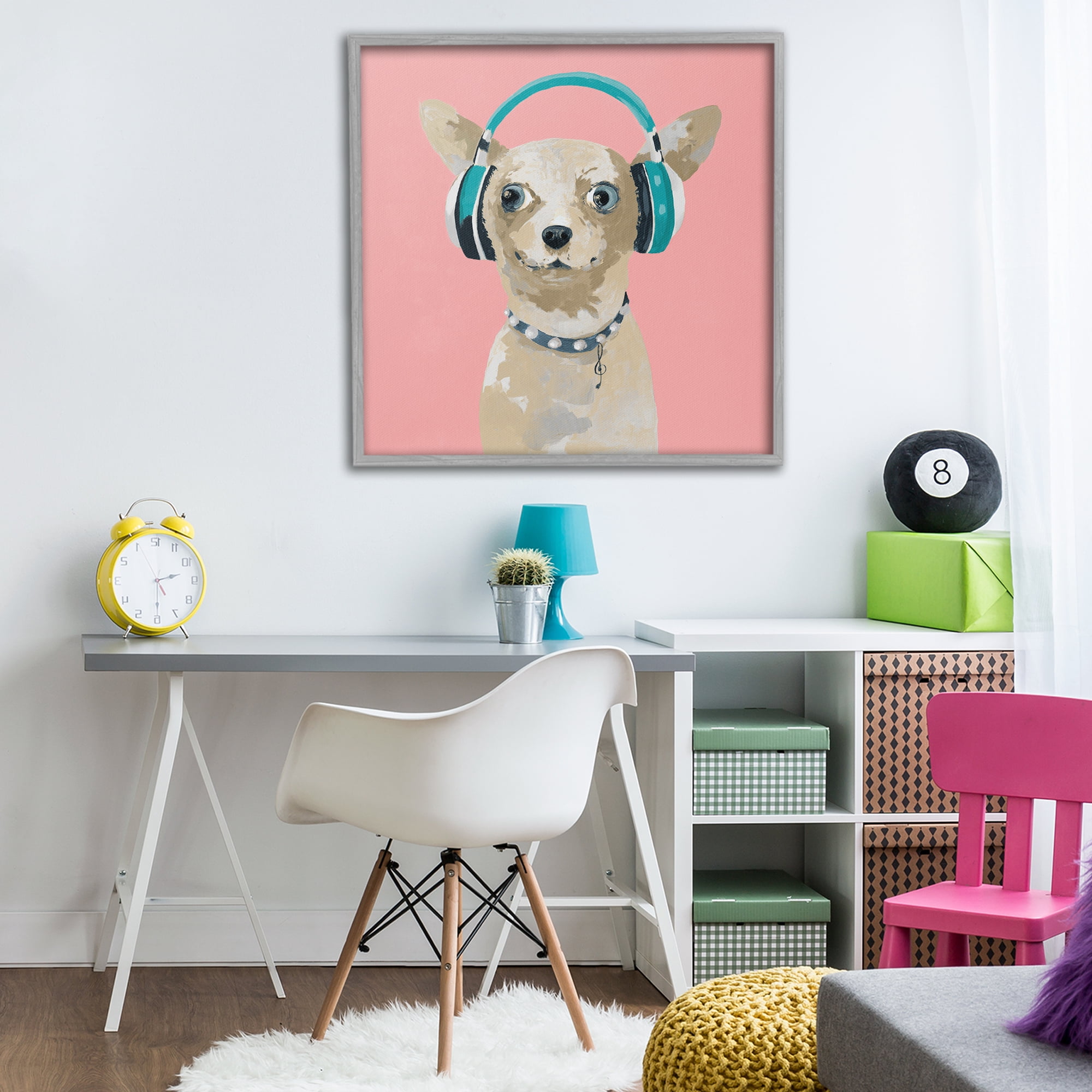 Stupell Industries Jammin' Pup on Pink Gray Framed Giclee Art, design by Lorenzo Collective