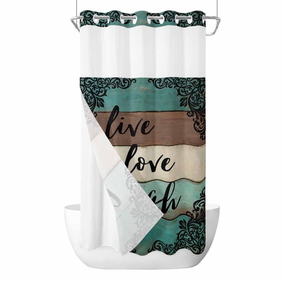 No Hook Vintage Boho Shower Curtain with Snap in Liner Set, Farmhouse Retro Teal Brown Wooden Grain Waterproof Fabric Bathroom Curtains with See Through Top Window, Hotel Style Small 36 x 78 Inch