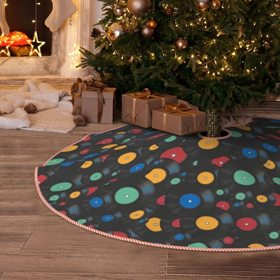 Halloween Christmas Tree Skirt - Vintage Records 30 Inches Christmas Tree Skirt for Halloween Holiday Indoor Home Christmas Tree Decorations with Three Ribbons