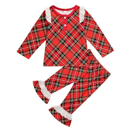 

Sunisery 2PCS Christmas Toddler Infant Baby Girls Plaid Lace Stitching Long Sleeve Tops Trumpet Pants Set Red 3-4 Years