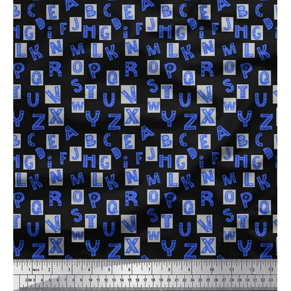 Soimoi Black polyester Crepe Fabric Alphabet Text Fabric Prints By Yard 52 Inch Wide