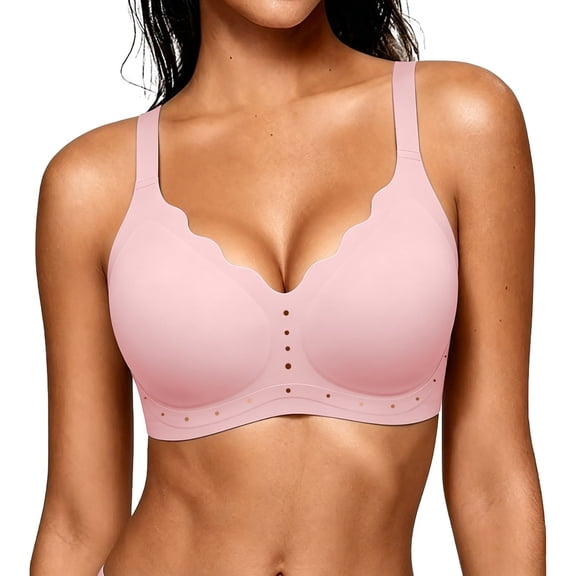 MVRLSH Jelly Sports Bras for Women Scalloped Full Coverage Wireless Breathable Hole Design Daily Lingerie Smooth Seamless Underwear Bra Pink - M