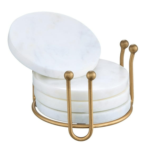 Queenza Premium White Marble Coasters with Elegant Metal Holder, Set of 4 with Table Protection, Sophisticated Home Decor, Handcrafted Natural Stone
