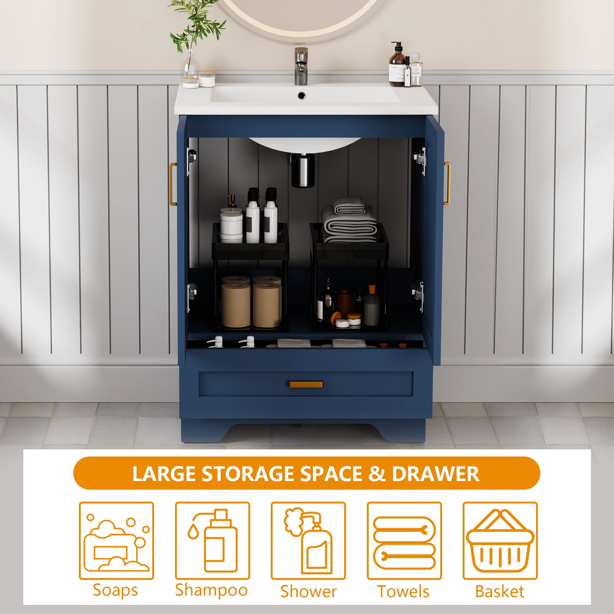 KZElegy 24" Bathroom Vanity with Ceramic Sink Freestanding Vanity Sink Cabinet with 2 Door & 1 Drawer,Blue