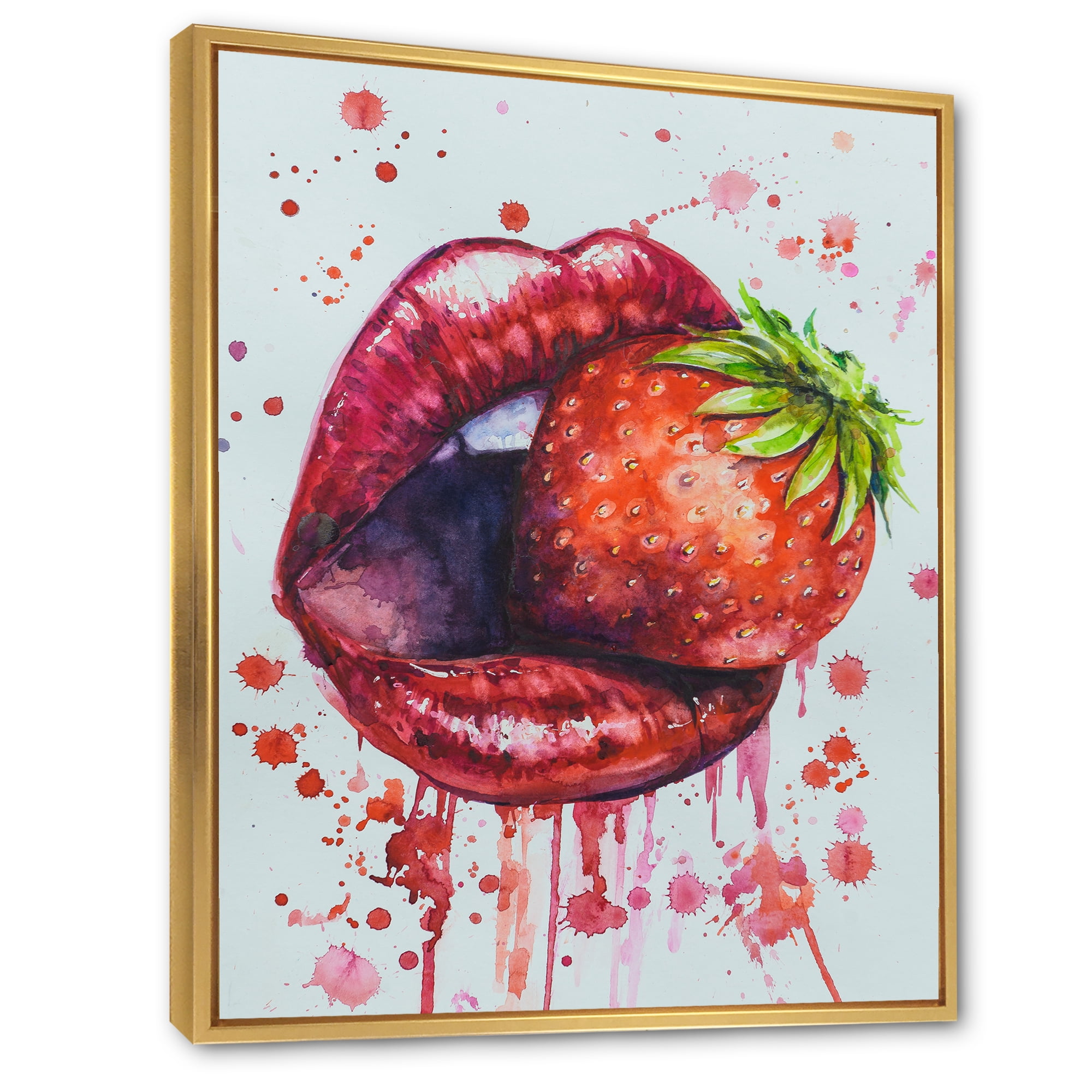 Designart 'Red Girl Lips Eating A Strawberry' Modern Framed Canvas Wall Art Print