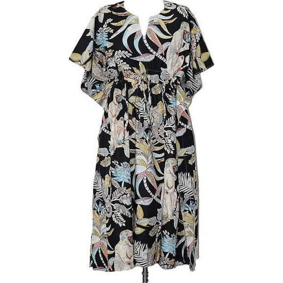 Rajbhoomi Indian Cotton Long Floral Printed Kaftan Dress Printed Women Caftan, Women Tunic - Black Monkey Print, 3X-Large