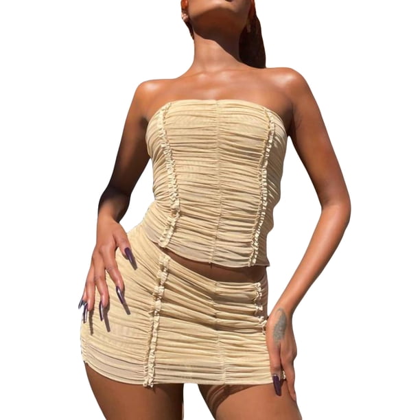 VISgogo Traje de verano de 2 piezas para mujer, tops sin tirantes fruncidos de color sólido + conjunto de falda de cintura baja para damas, negro/albaricoque VISgogo moda