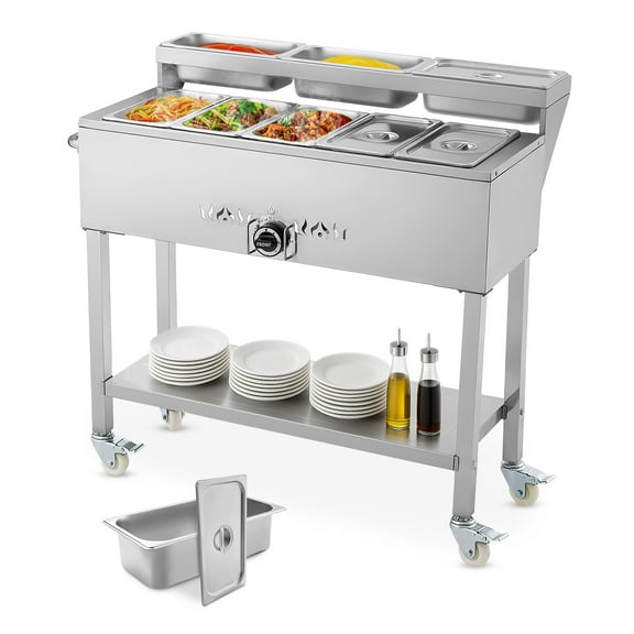 VEVOR Commercial Propane Steam Table, 5 Food Pans & 3 Condiment Pans, LP Gas Outdoor Soup Warmer with Drain Valve and 3" Wheels, Stainless Steel Propane Food Warmer with Adjustable Temp for Outdoor