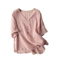 thumbnail image 2 of Dazajoo Women's 3/4 Sleeve Linen Shirts Boho Embroidered Tops Loose Fit V Neck Beach Blouses,Pink,L, 2 of 3
