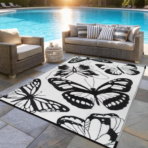 Kzaei Waterproof Outdoor Rug, 4'x6' Reversible Plastic Camping Area Rugs, Black & White