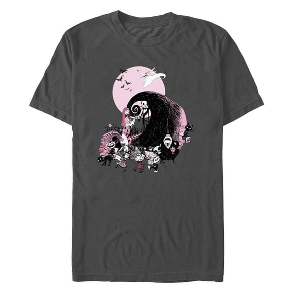 Men's The Nightmare Before Christmas Pink Group Scene Graphic Tee Charcoal 3X Large