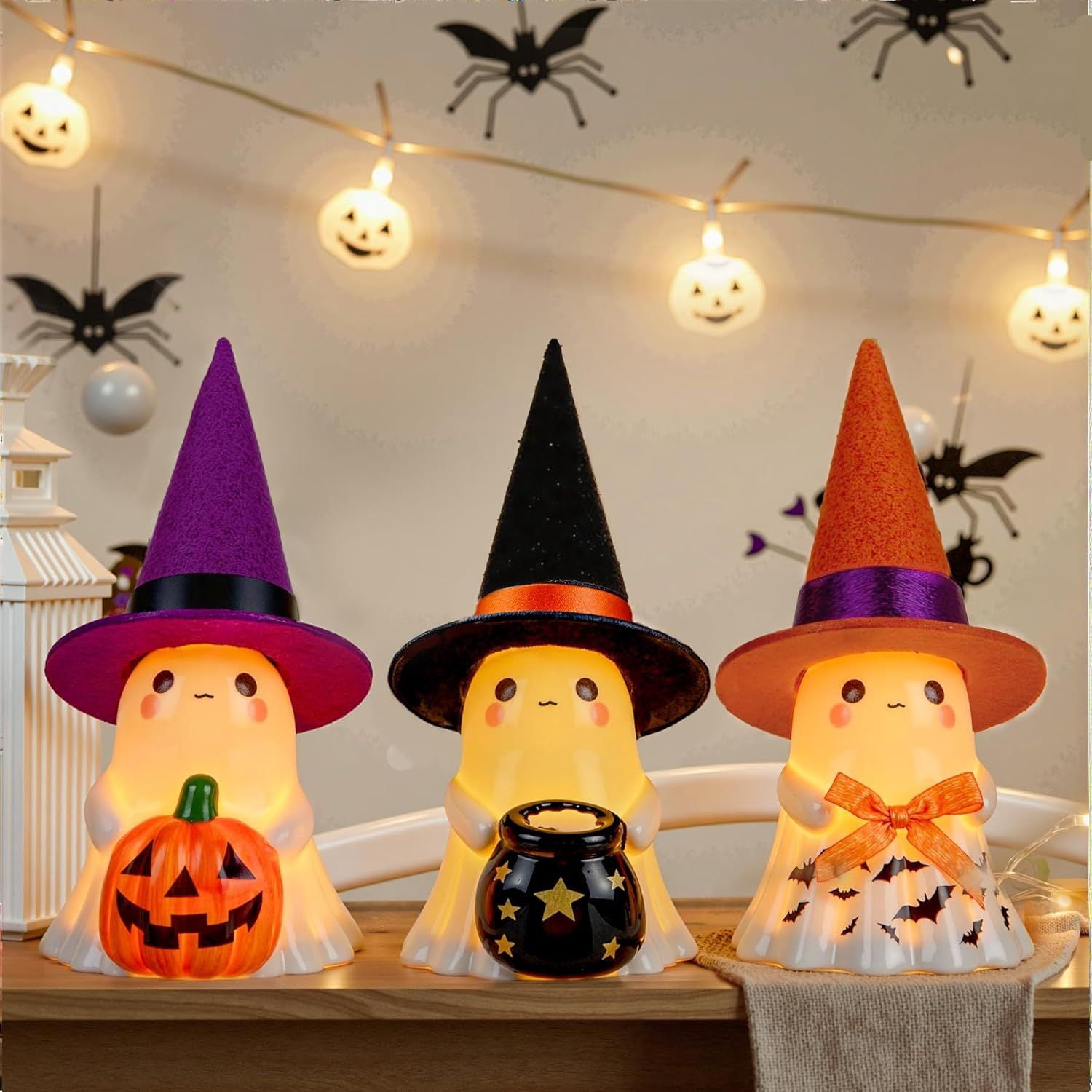 Halloween Decorations Indoor, 3Pcs Cute Spooky Ceramic Ghost Halloween Decorations, Ghost Figurines with Hats, Adorable Tabletop Decor for Mantel, Party, Home, Porch Decor