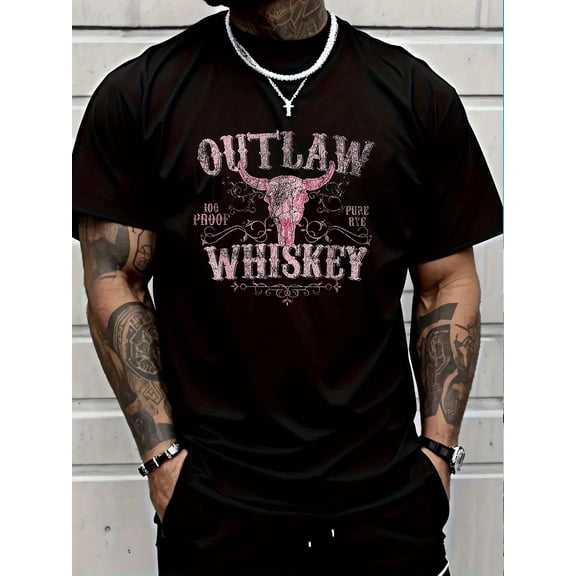 100% Cotton Outlaw Whiskey Bull Skull Western Country Vintage T-Shirt Men's Women's Vintage Summer Vacation Tops Graphic Tee