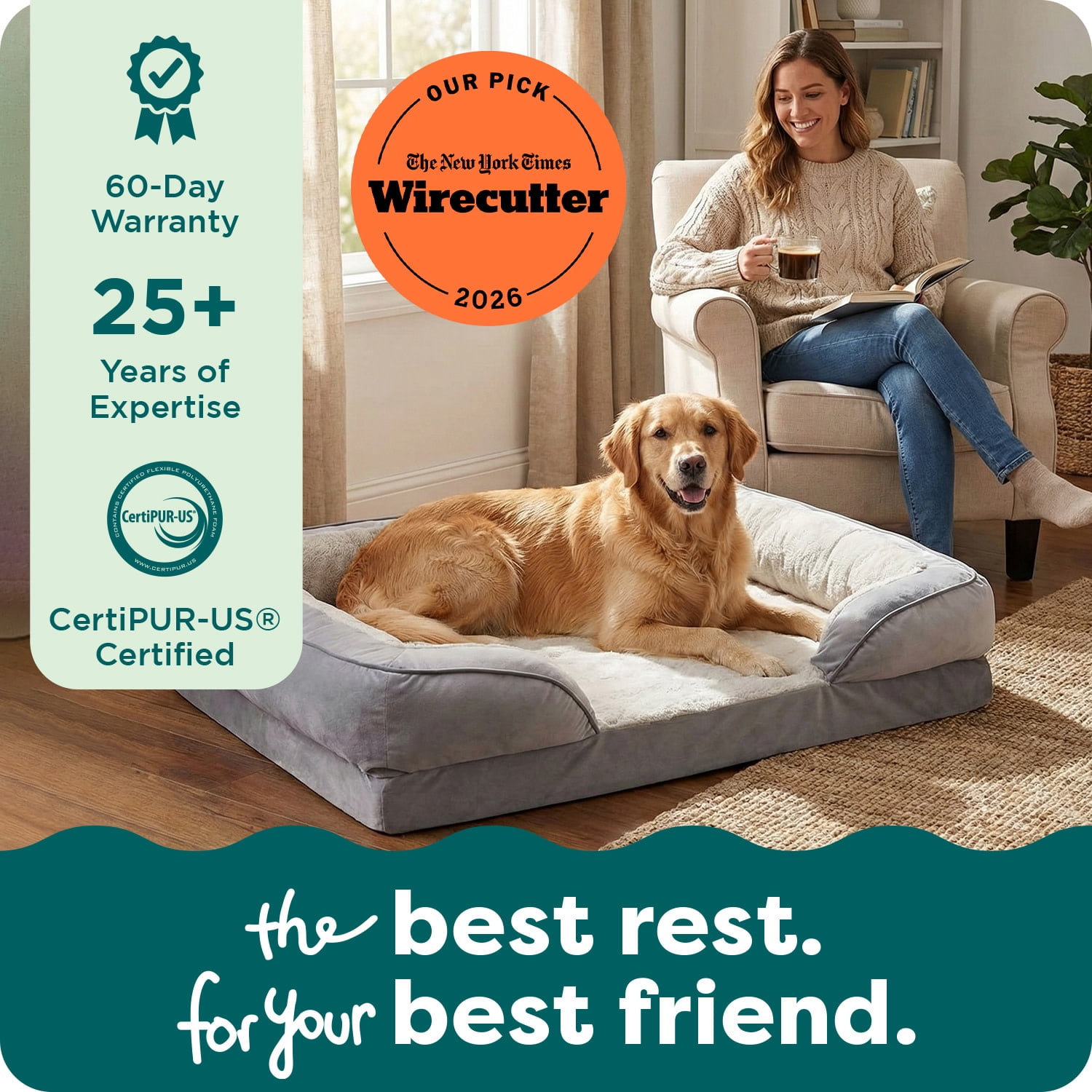 FurHaven Perfect Comfort Sofa Pet Bed, Cool Gel-Top Foam with a Solid Orthopedic Foam Base for Joint Support, Removable, Washable Cover, Large, Plush & Velvet, Brownstone