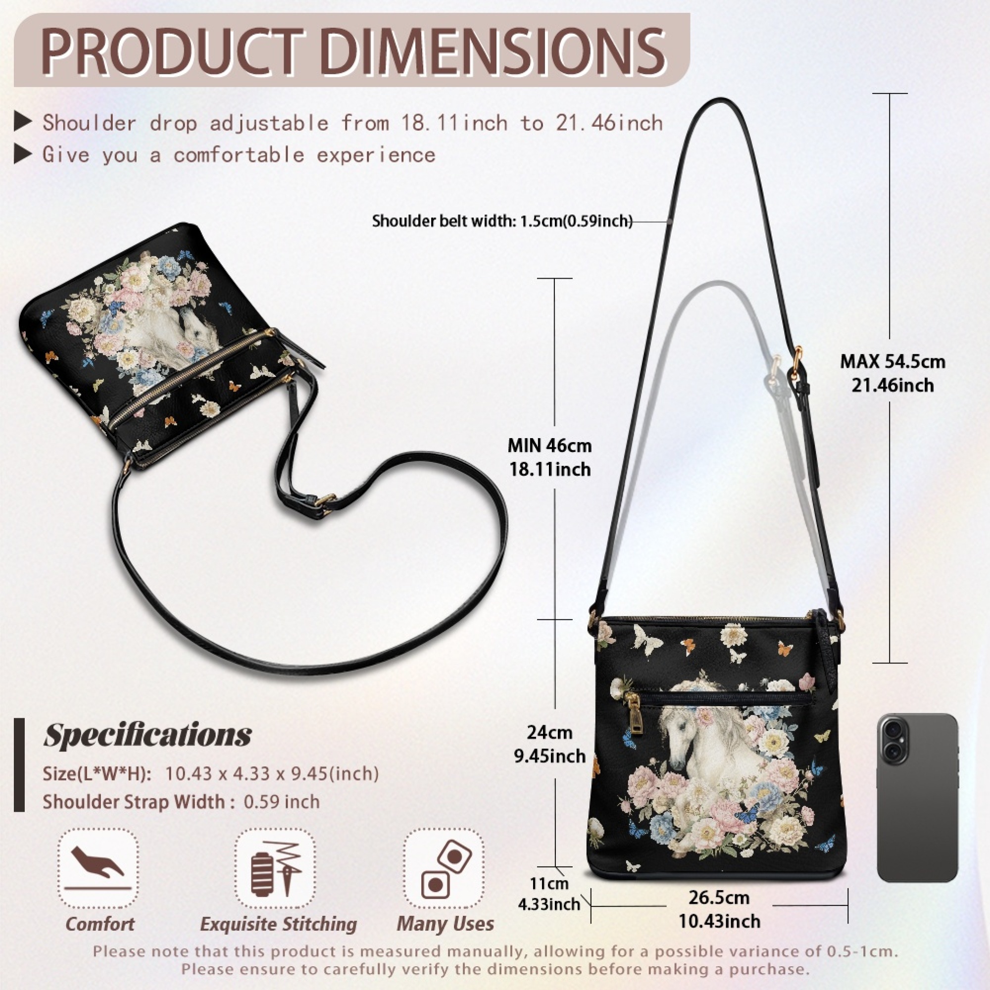Kuiaobaty Horse Flowers Print Crossbody Bag for Women, Butterfly Print Leather Satchel Purse with Adjustable Strap, Zipper Pockets Shoulder Handbag Crossbody for Travel, Black