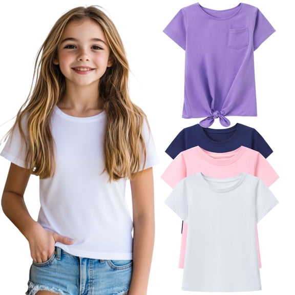 HILEELANG 4-PC Little Girls 5-16Y Navy White Pink Purple Cotton Short Sleeve Crewneck T Shirt Tee Size 5-6Y