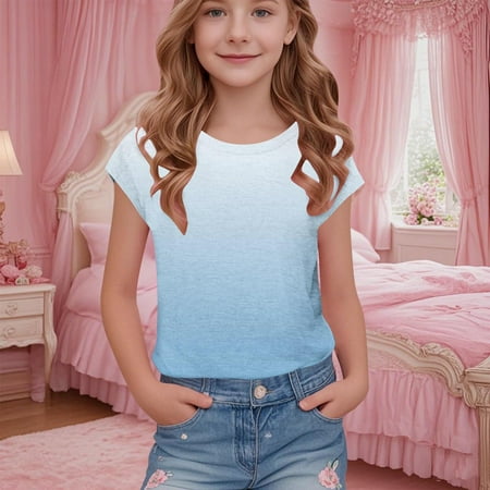 BRGZLK Girls Short Sleeve T-Shirts Spring Summer Fashion Gradient Printed Tee Children s Round Neck School Blouse Tops Blue 13-14 Years