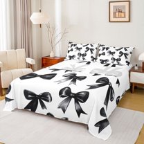 Feelyou Fashion Black Bow Queen Sheet Sets, Cool Girl Ribbon Style Bed Set, 4 Pieces