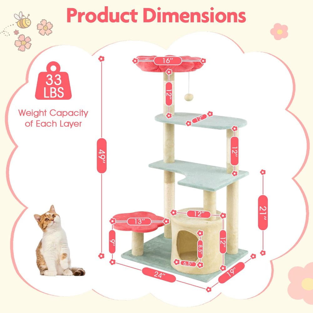 Resenkos 49-Inch Floral Cat Tree with Flower-Shaped Padded Perches, Multicolor